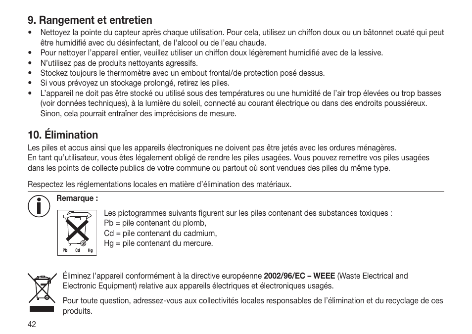 Rangement et entretien, Élimination | Beurer FT 70 User Manual | Page 42 / 120