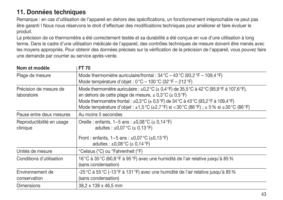 Données techniques | Beurer FT 70 User Manual | Page 43 / 120