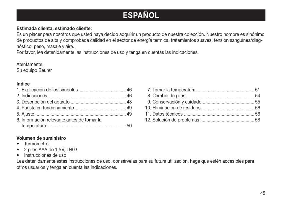 Español | Beurer FT 70 User Manual | Page 45 / 120