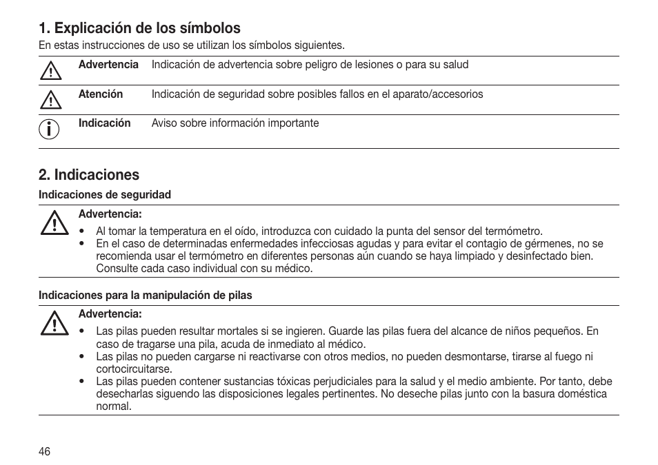 Explicación de los símbolos, Indicaciones | Beurer FT 70 User Manual | Page 46 / 120