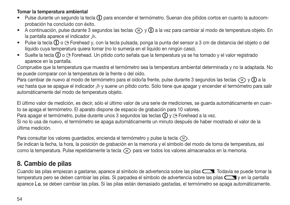 Cambio de pilas | Beurer FT 70 User Manual | Page 54 / 120