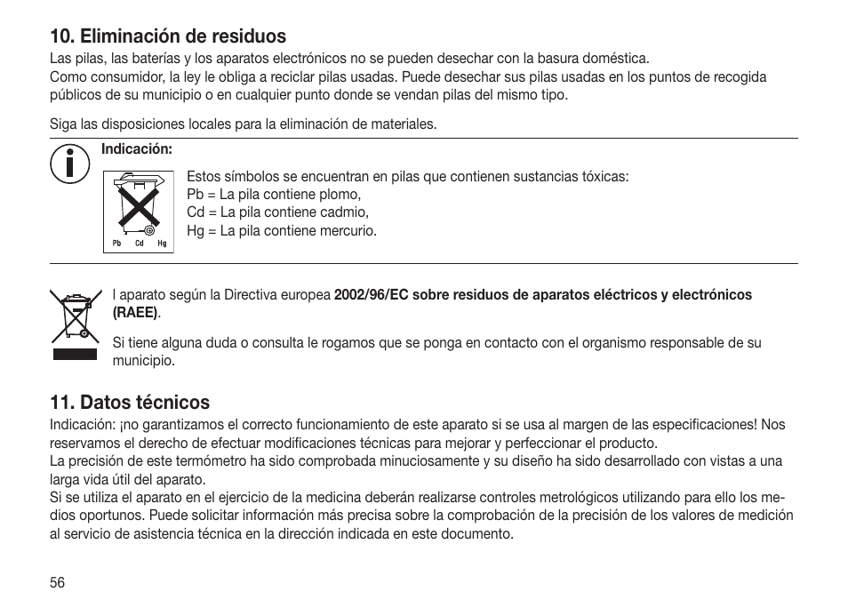 Eliminación de residuos, Datos técnicos | Beurer FT 70 User Manual | Page 56 / 120