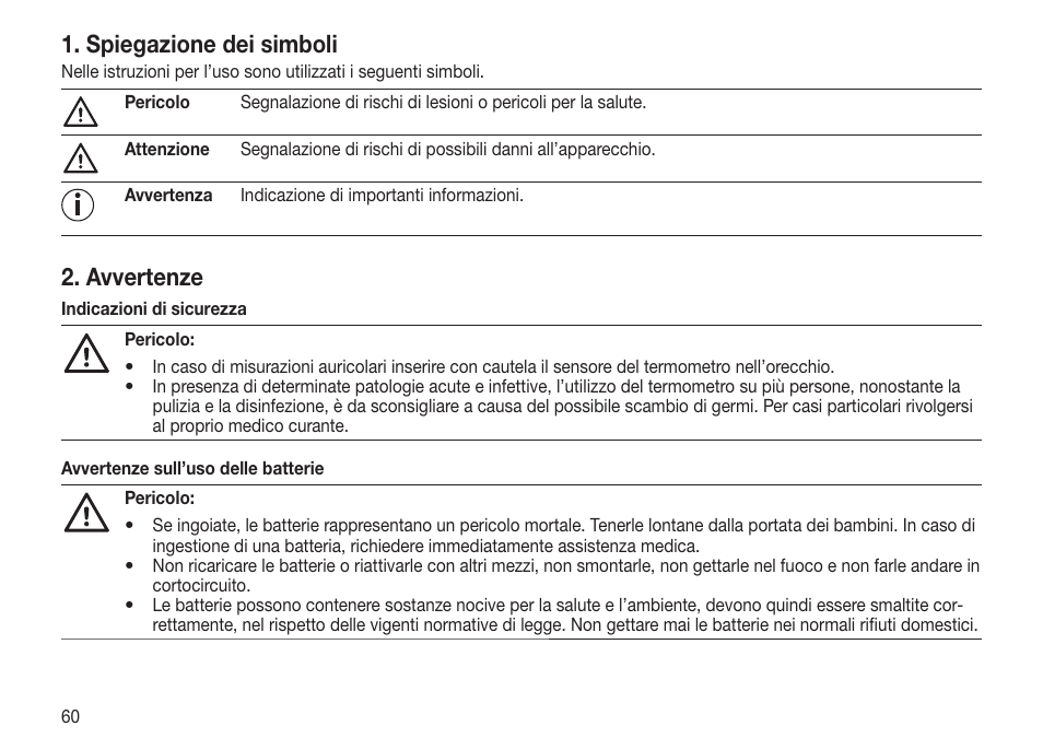Spiegazione dei simboli, Avvertenze | Beurer FT 70 User Manual | Page 60 / 120