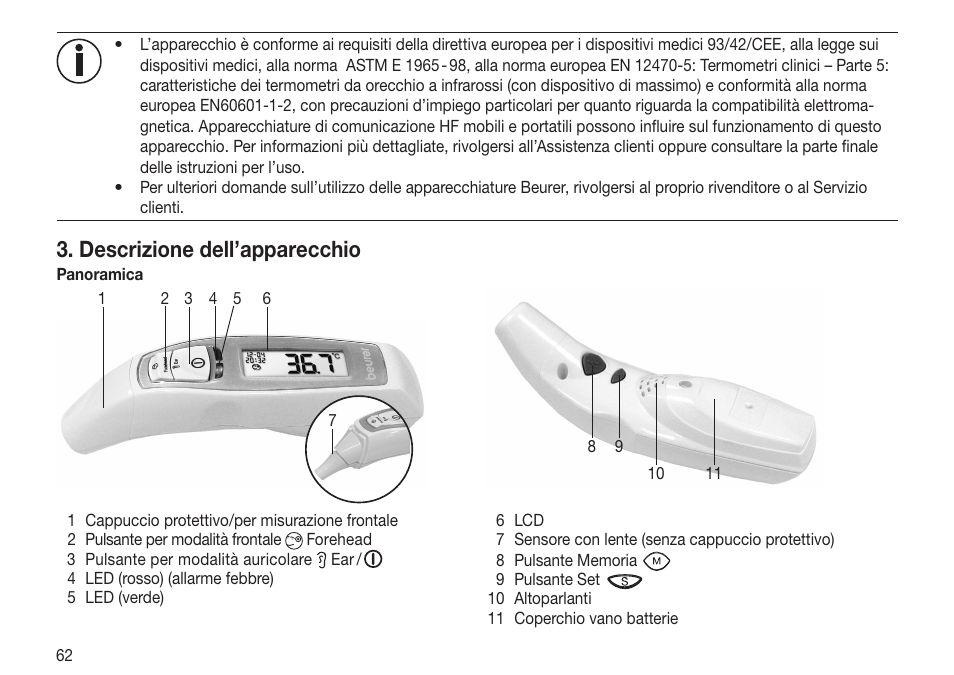 Descrizione dell’apparecchio | Beurer FT 70 User Manual | Page 62 / 120