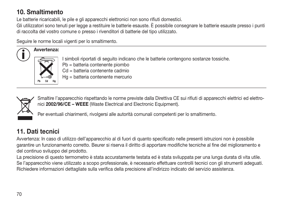 Smaltimento, Dati tecnici | Beurer FT 70 User Manual | Page 70 / 120