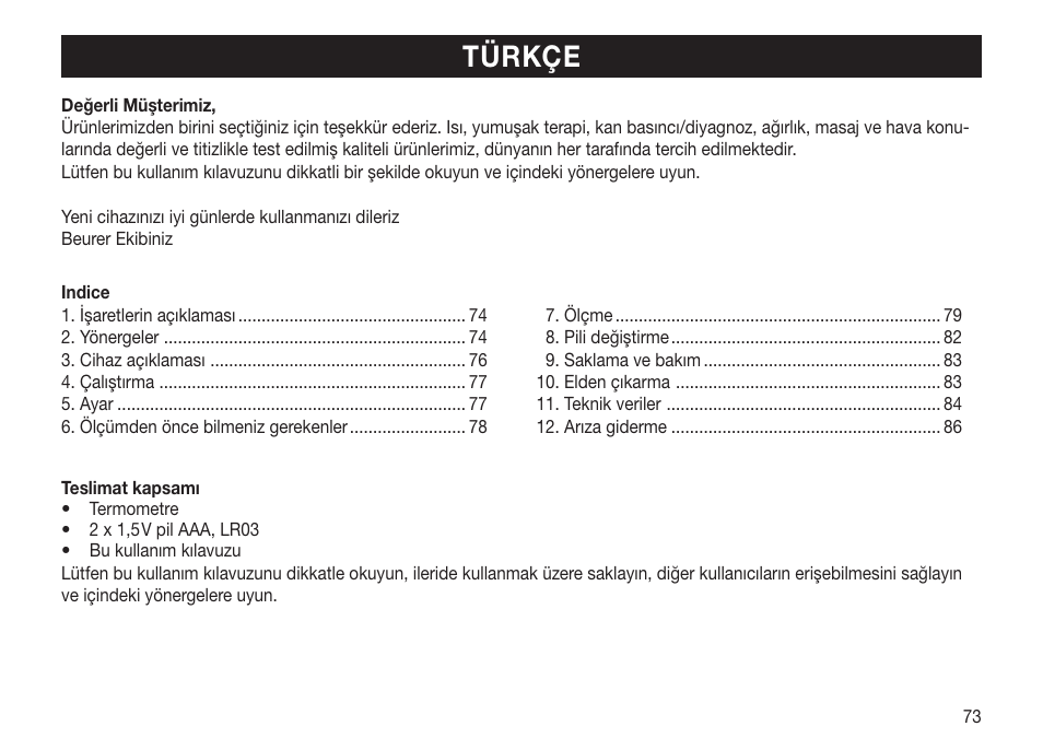 Türkçe | Beurer FT 70 User Manual | Page 73 / 120
