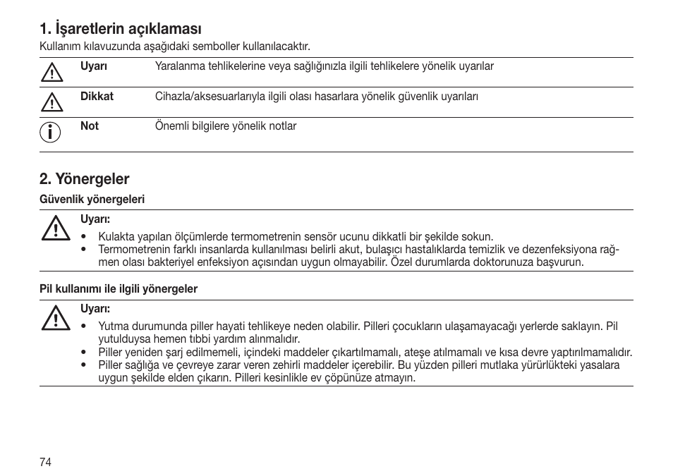 Işaretlerin açıklaması, Yönergeler | Beurer FT 70 User Manual | Page 74 / 120