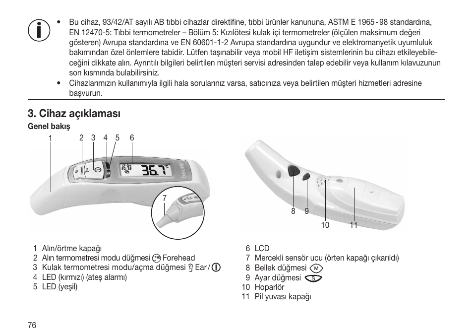 Cihaz açıklaması | Beurer FT 70 User Manual | Page 76 / 120