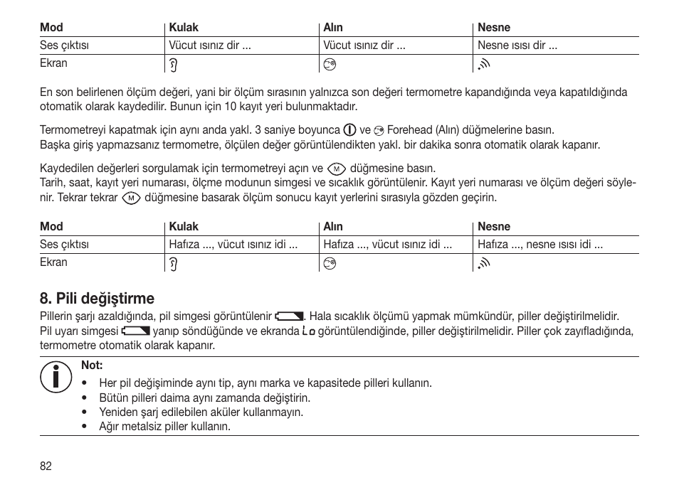 Pili değiştirme | Beurer FT 70 User Manual | Page 82 / 120