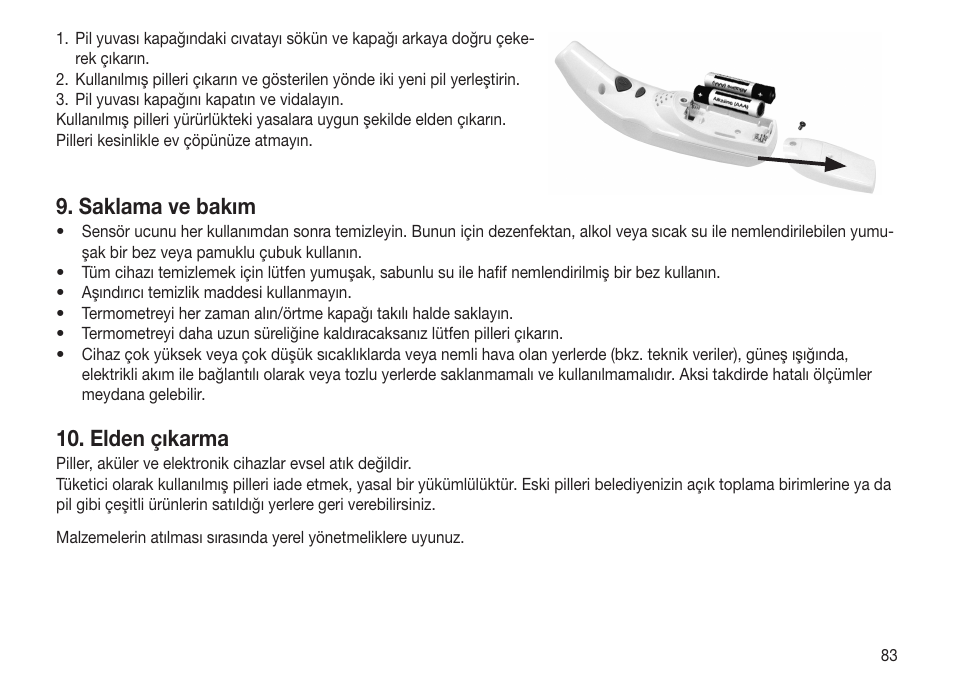 Saklama ve bakım, Elden çıkarma | Beurer FT 70 User Manual | Page 83 / 120
