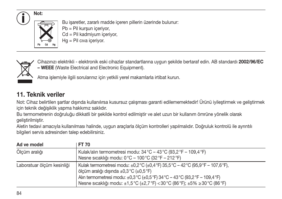 Teknik veriler | Beurer FT 70 User Manual | Page 84 / 120