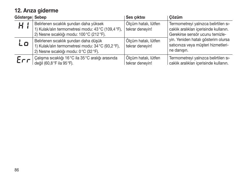 Arıza giderme | Beurer FT 70 User Manual | Page 86 / 120