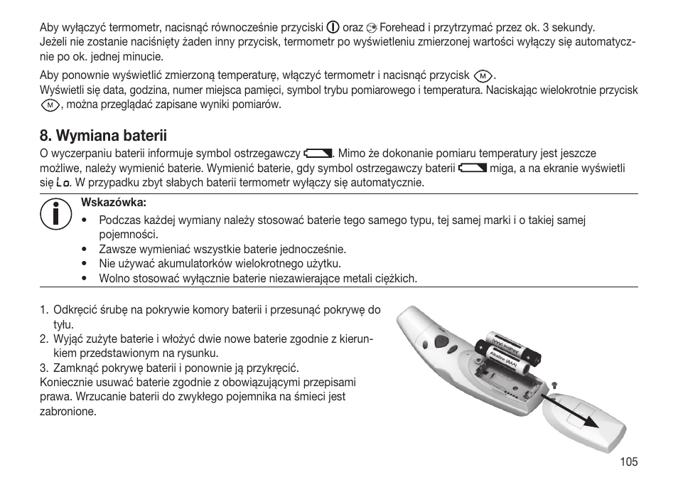 Wymiana baterii | Beurer FT 65 User Manual | Page 105 / 112