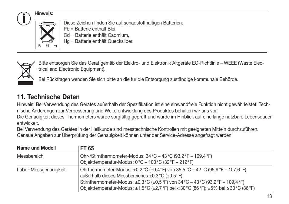Technische daten | Beurer FT 65 User Manual | Page 13 / 112