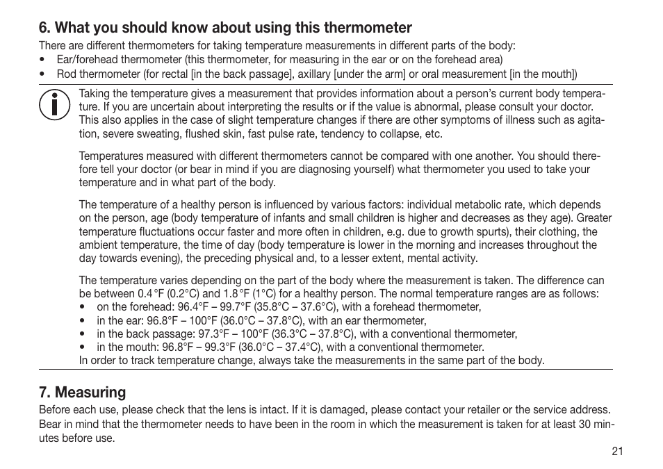What you should know about using this thermometer, Measuring | Beurer FT 65 User Manual | Page 21 / 112