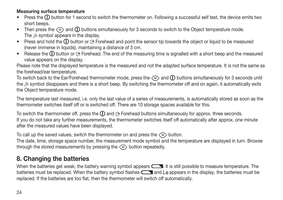 Changing the batteries | Beurer FT 65 User Manual | Page 24 / 112