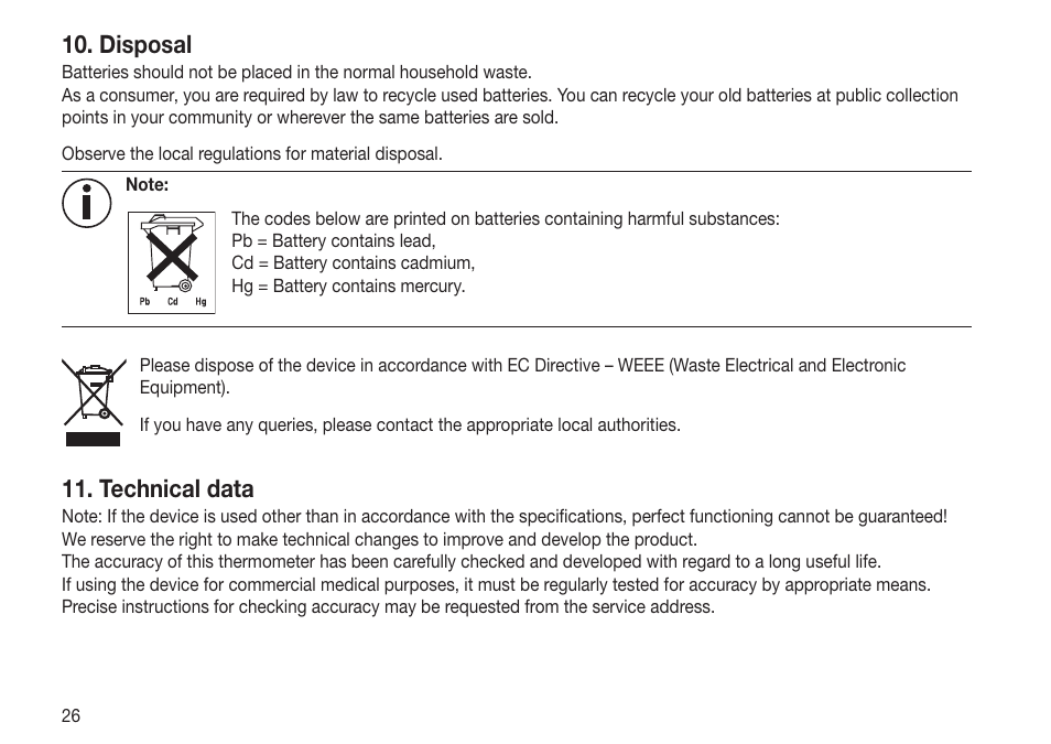Disposal, Technical data | Beurer FT 65 User Manual | Page 26 / 112
