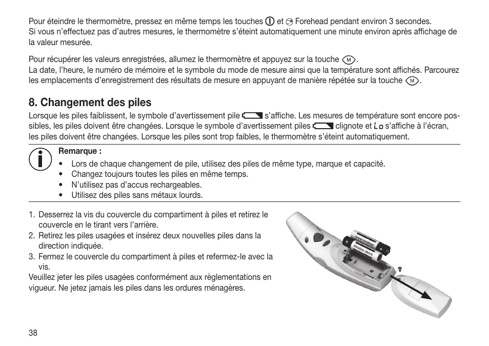 Changement des piles | Beurer FT 65 User Manual | Page 38 / 112