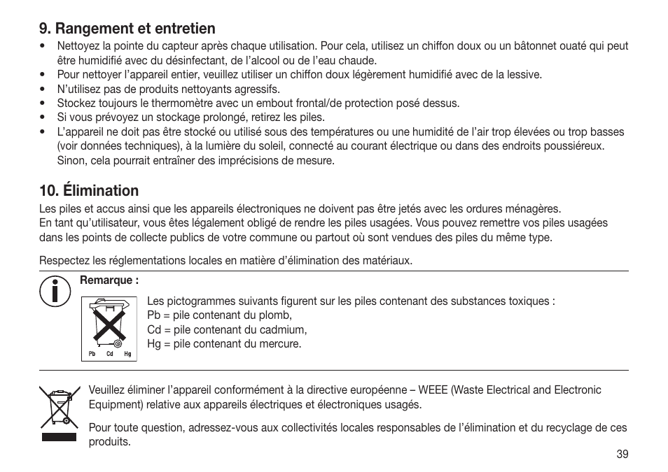 Rangement et entretien, Élimination | Beurer FT 65 User Manual | Page 39 / 112