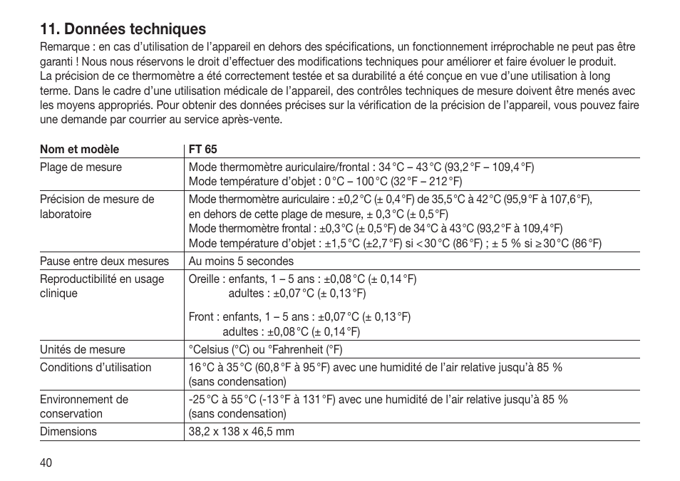 Données techniques | Beurer FT 65 User Manual | Page 40 / 112