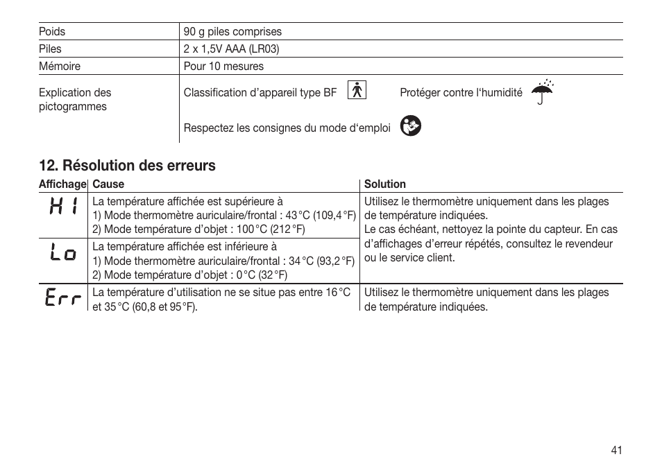 Résolution des erreurs | Beurer FT 65 User Manual | Page 41 / 112