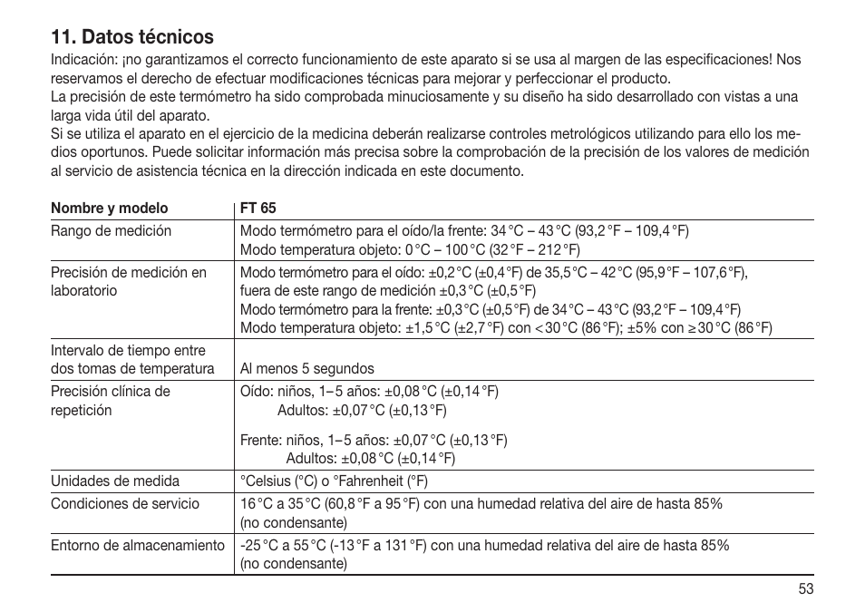 Datos técnicos | Beurer FT 65 User Manual | Page 53 / 112