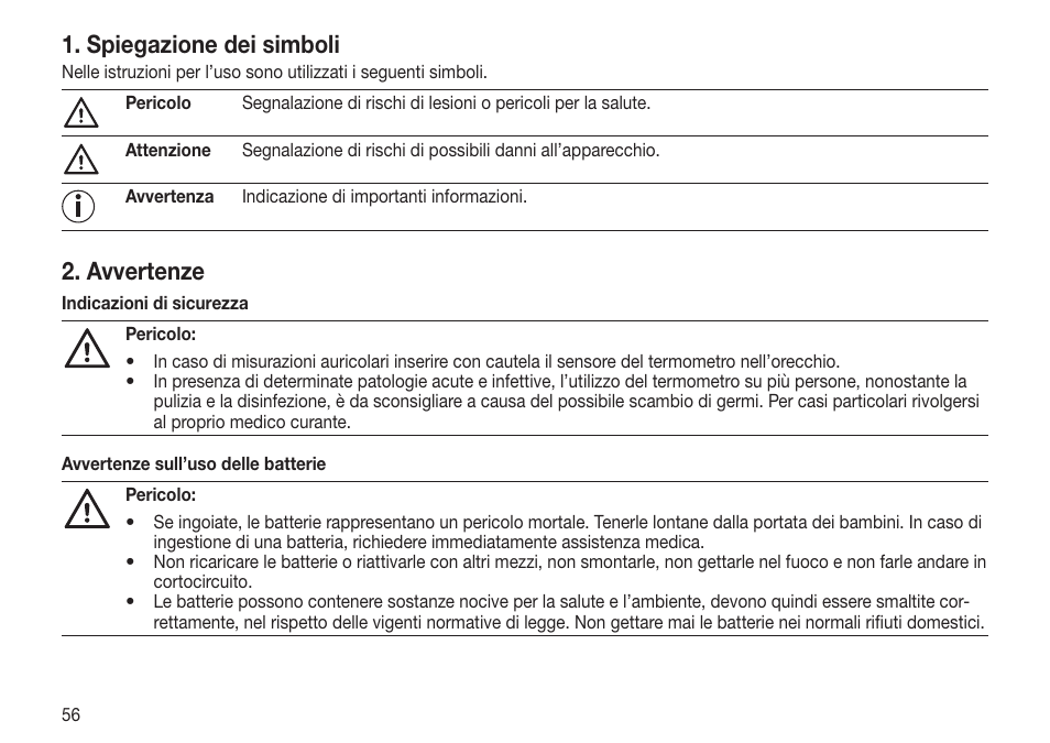 Spiegazione dei simboli, Avvertenze | Beurer FT 65 User Manual | Page 56 / 112
