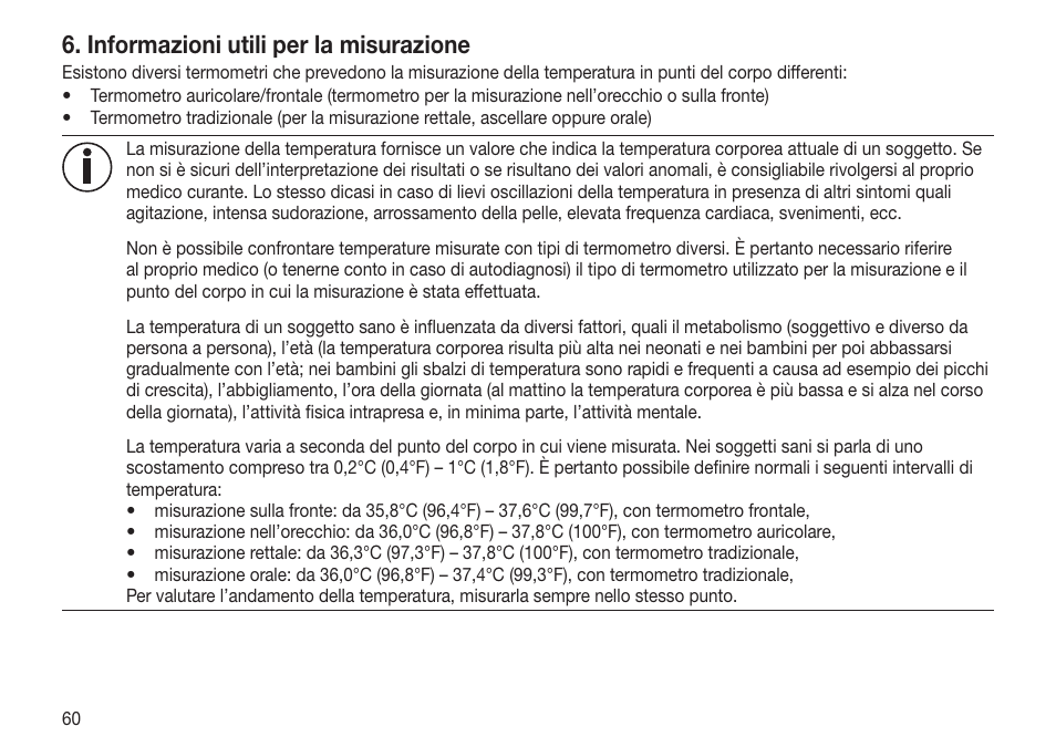 Informazioni utili per la misurazione | Beurer FT 65 User Manual | Page 60 / 112