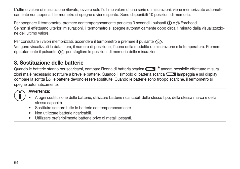 Sostituzione delle batterie | Beurer FT 65 User Manual | Page 64 / 112