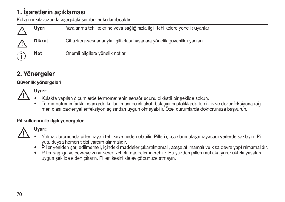Işaretlerin açıklaması, Yönergeler | Beurer FT 65 User Manual | Page 70 / 112