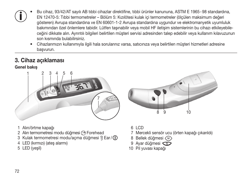 Cihaz açıklaması | Beurer FT 65 User Manual | Page 72 / 112