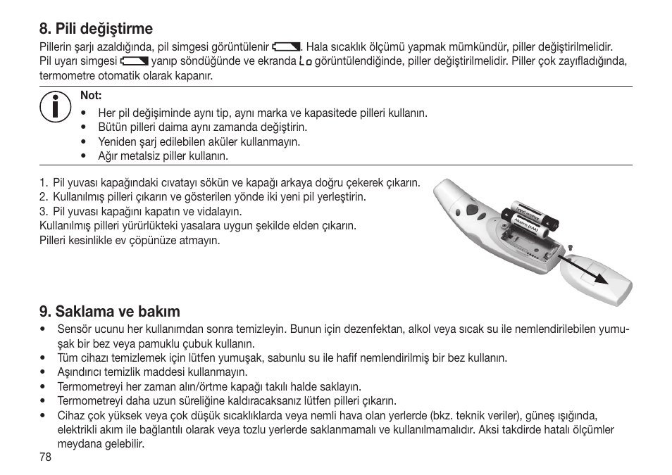 Pili değiştirme, Saklama ve bakım | Beurer FT 65 User Manual | Page 78 / 112