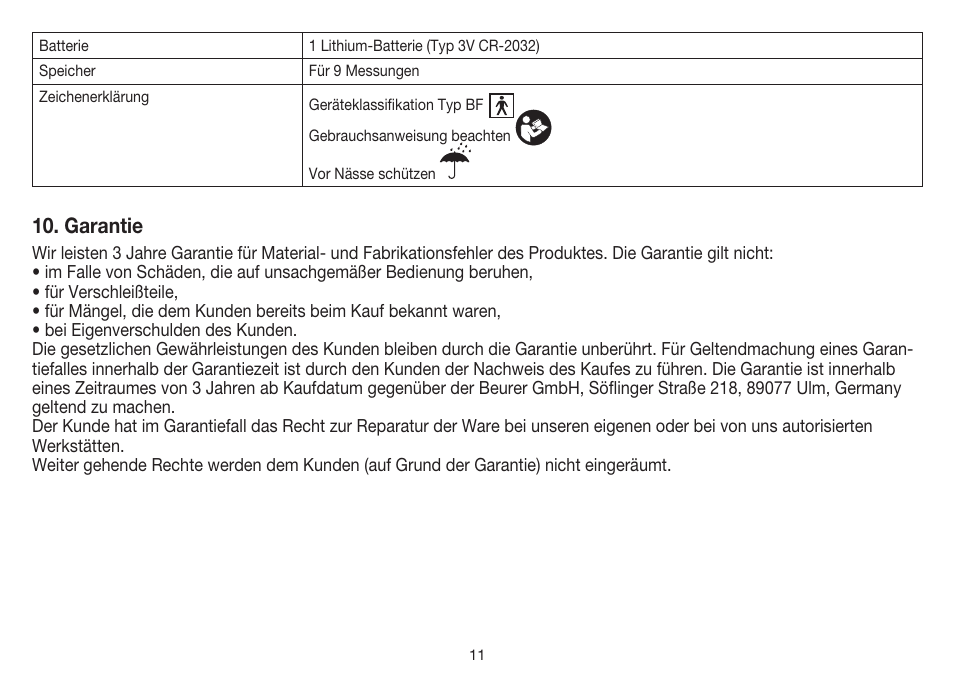 Garantie | Beurer FT 55 User Manual | Page 11 / 88