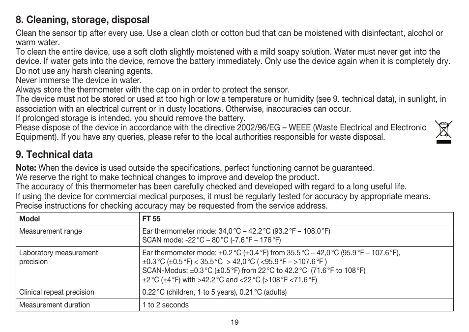 Cleaning, storage, disposal, Technical data | Beurer FT 55 User Manual | Page 19 / 88