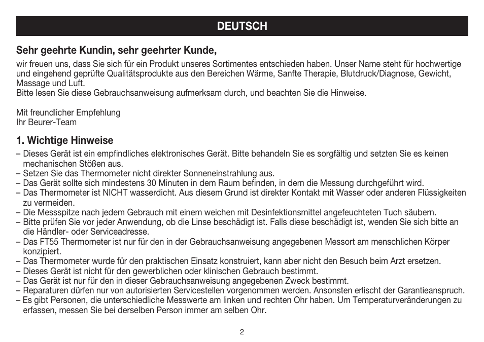 Deutsch | Beurer FT 55 User Manual | Page 2 / 88