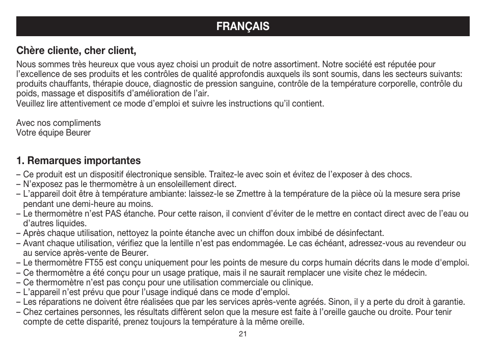 Français | Beurer FT 55 User Manual | Page 21 / 88
