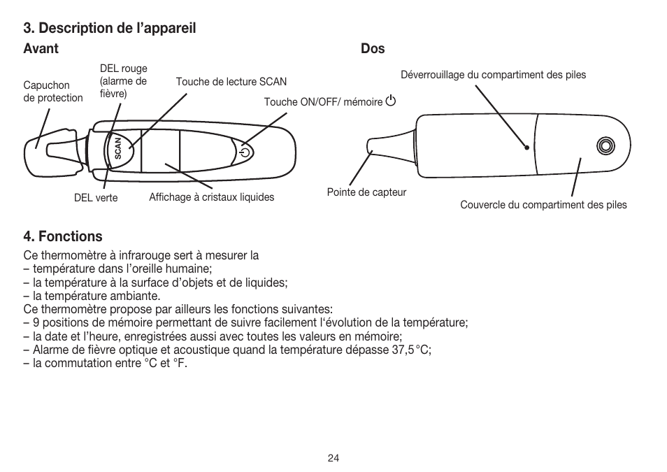 Description de l’appareil, Fonctions, Avant dos | Beurer FT 55 User Manual | Page 24 / 88