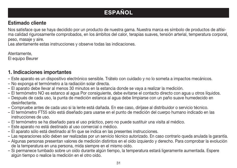 Español | Beurer FT 55 User Manual | Page 31 / 88