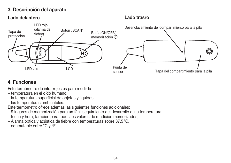 Descripción del aparato, Funciones, Lado delantero lado trasro | Beurer FT 55 User Manual | Page 34 / 88