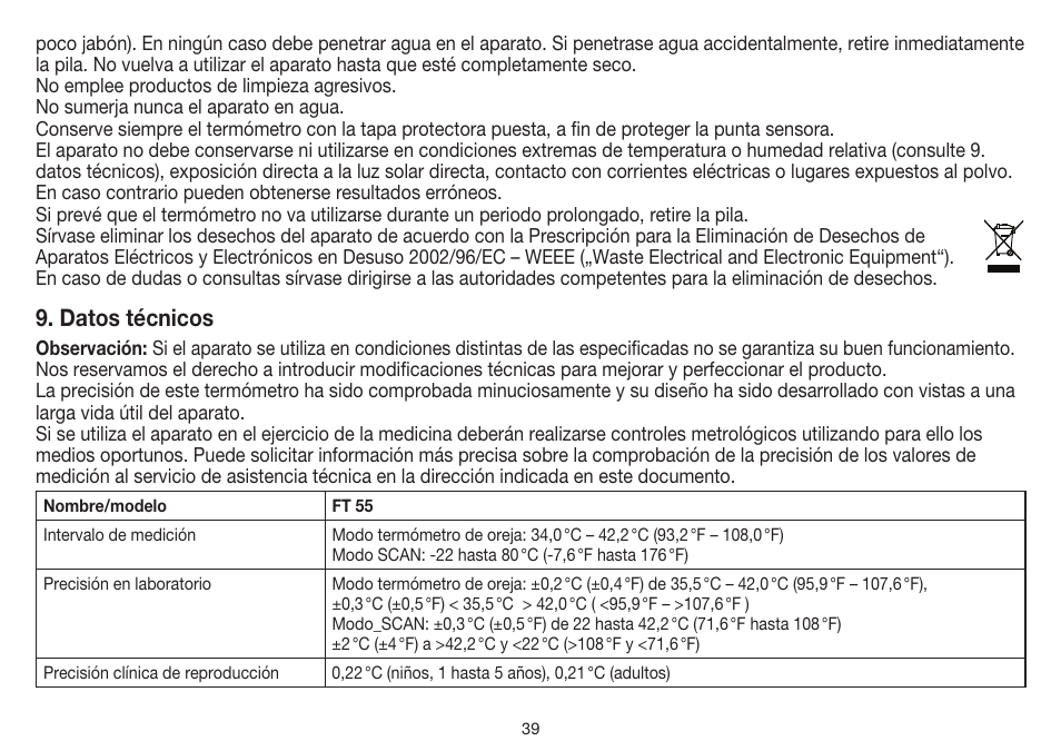 Datos técnicos | Beurer FT 55 User Manual | Page 39 / 88