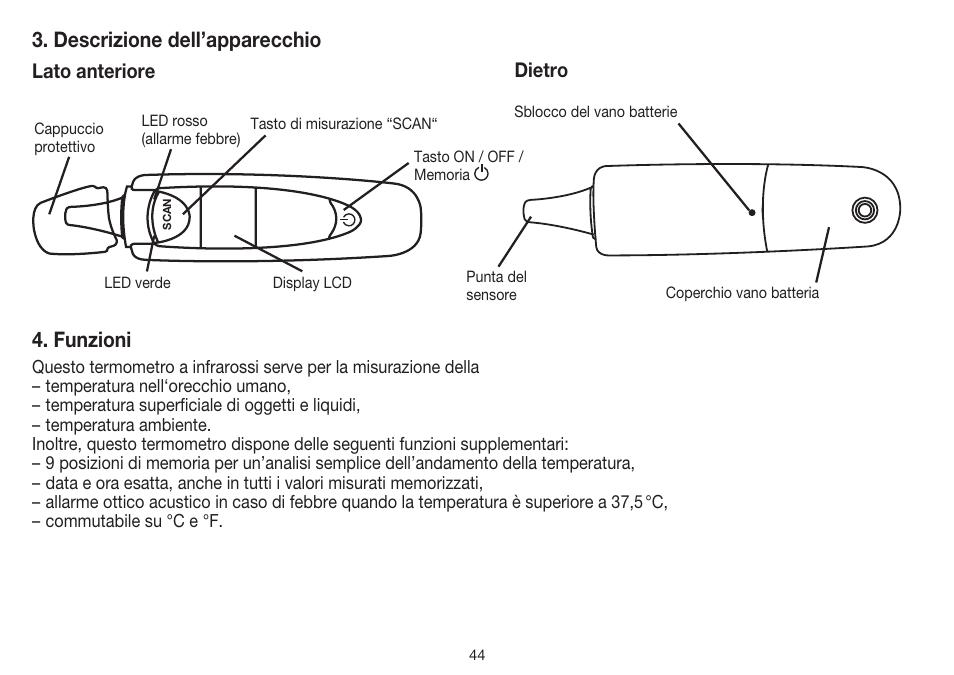 Descrizione dell’apparecchio, Funzioni, Lato anteriore dietro | Beurer FT 55 User Manual | Page 44 / 88