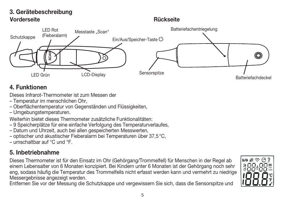 Gerätebeschreibung, Funktionen, Inbetriebnahme | Beurer FT 55 User Manual | Page 5 / 88