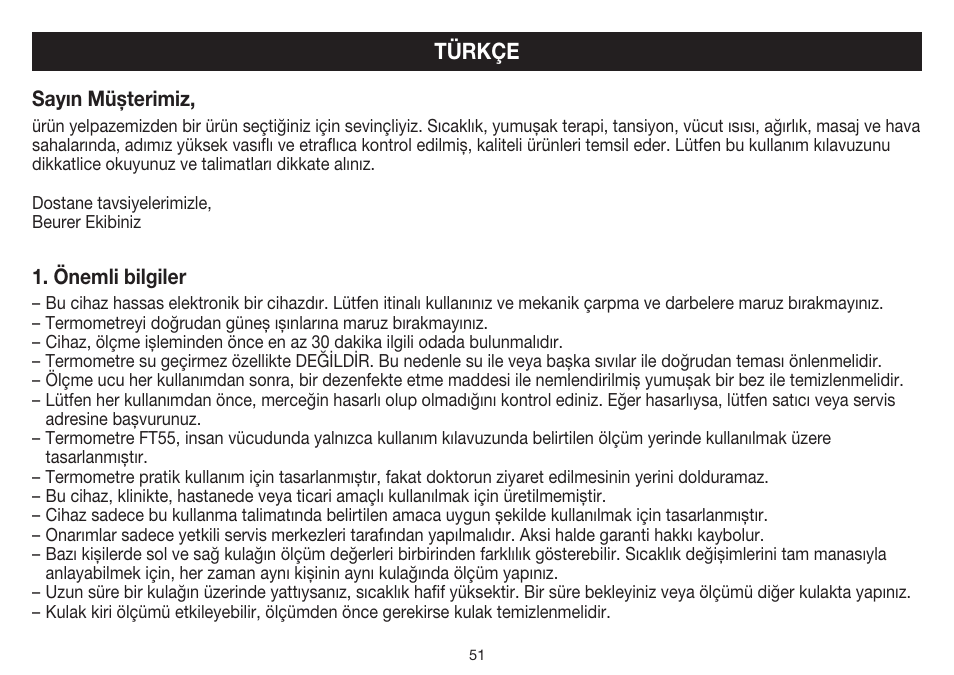 Türkçe | Beurer FT 55 User Manual | Page 51 / 88