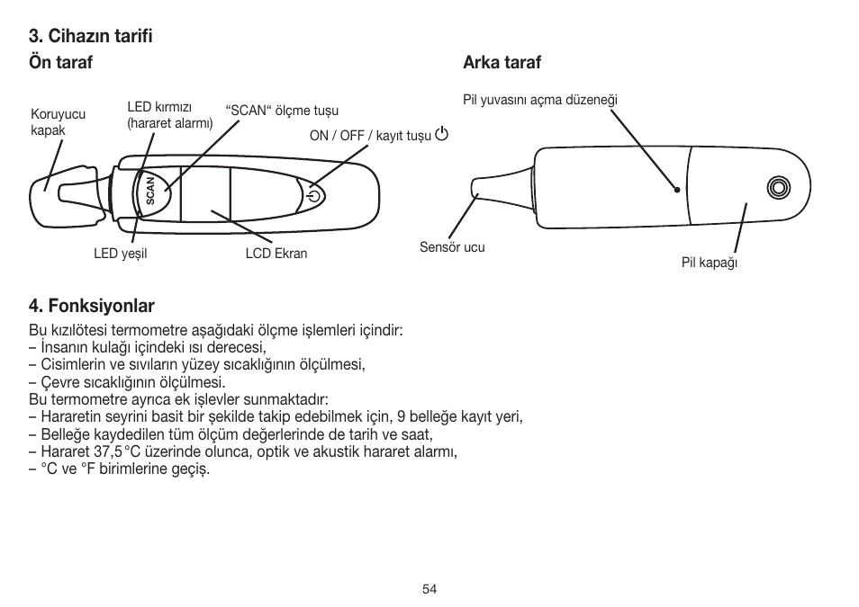 Cihazın tarifi, Fonksiyonlar, Ön taraf arka taraf | Beurer FT 55 User Manual | Page 54 / 88