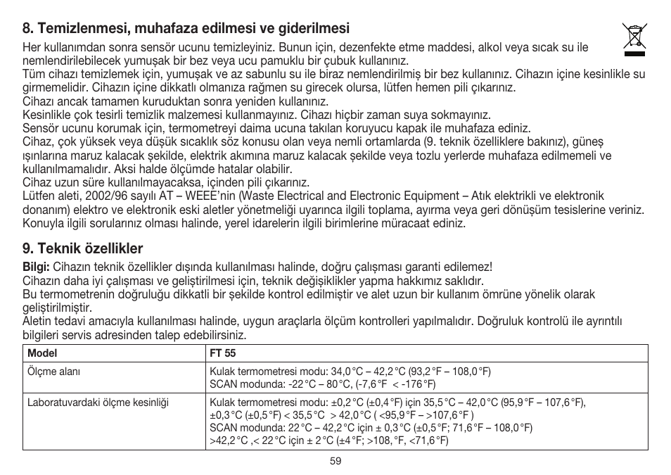 Temizlenmesi, muhafaza edilmesi ve giderilmesi, Teknik özellikler | Beurer FT 55 User Manual | Page 59 / 88