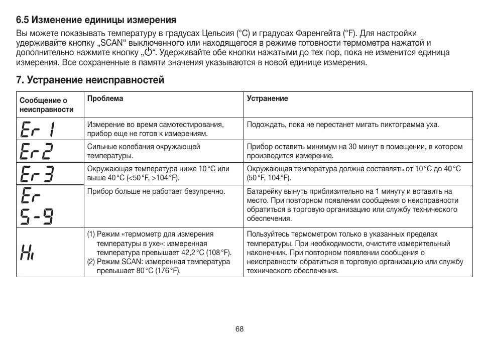 Устранение неисправностей, 5 изменение единицы измерения | Beurer FT 55 User Manual | Page 68 / 88