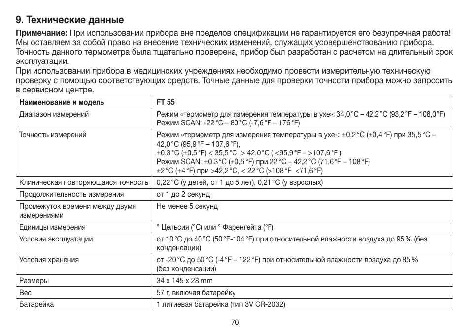 Технические данные | Beurer FT 55 User Manual | Page 70 / 88