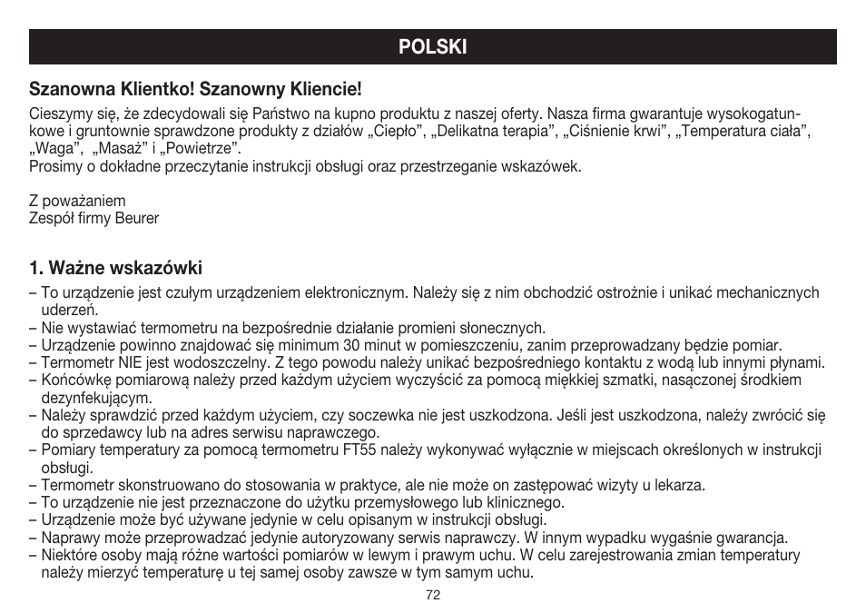 Polski | Beurer FT 55 User Manual | Page 72 / 88