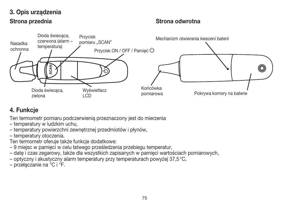 Opis urządzenia, Funkcje, Strona przednia strona odwrotna | Beurer FT 55 User Manual | Page 75 / 88
