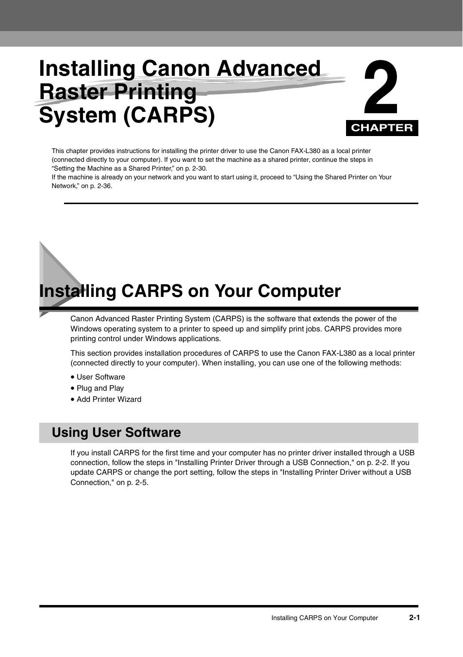 Installing carps on your computer, Using user software, Chapter 2 | Installing carps on your computer -1, Using user software -1 | Canon FAX-L380 User Manual | Page 10 / 104
